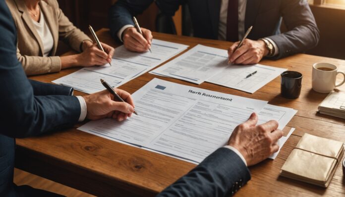 Illustration éditoriale de documents de succession et de calculs financiers sur un bureau en bois