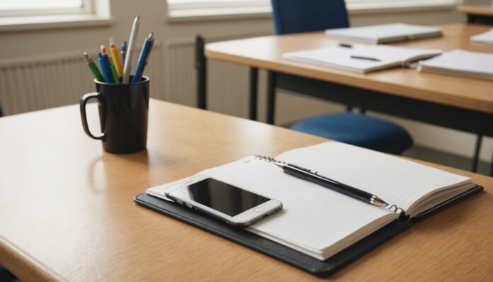Téléphone portable interdit au lycée : pochette de rangement sur un bureau Smartphone rangé dans une pochette de classe, symbole de l'interdiction du téléphone au lycée