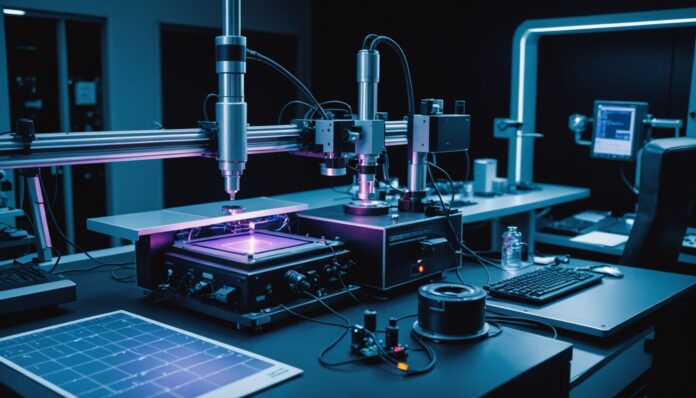 Laboratoire de physique quantique, puce à microcavité semi-conductrice Chip de microcavité semi-conductrice émettant une lumière bleu-violet dans un laboratoire de physique quantique