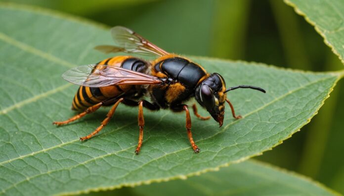Frelon asiatique sur une feuille Frelon asiatique (Vespa velutina) photographié en gros plan dans un jardin français