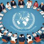 L’ONU réunit le monde pour mieux préparer la prochaine pandémie Illustration de dirigeants du monde reunis autour d'un globe pour la prevention des pandemies