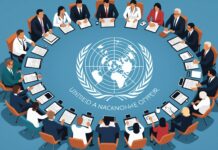 L’ONU réunit le monde pour mieux préparer la prochaine pandémie Illustration de dirigeants du monde reunis autour d'un globe pour la prevention des pandemies