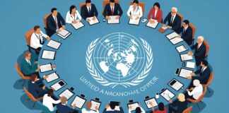 L’ONU réunit le monde pour mieux préparer la prochaine pandémie Illustration de dirigeants du monde reunis autour d'un globe pour la prevention des pandemies