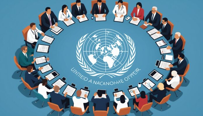 Reunion internationale sur la preparation aux pandemies Illustration de dirigeants du monde reunis autour d'un globe pour la prevention des pandemies