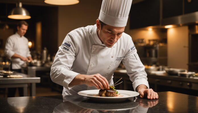 Cuisine gastronomique française, chef étoilé au dressage d'un plat Chef cuisinier dressant un plat dans un restaurant gastronomique français
