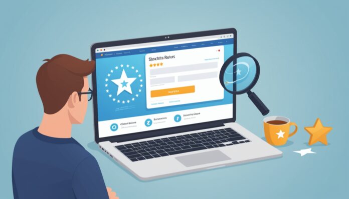 Détecter les faux avis en ligne avant un achat Illustration d'une personne analysant des avis clients en ligne pour repérer les faux avis