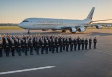 Visite du pape Léon XIV en France : ce que change le protocole présidentiel Cérémonie d'accueil officielle sur un tarmac d'aéroport en France, drapeaux français et du Vatican