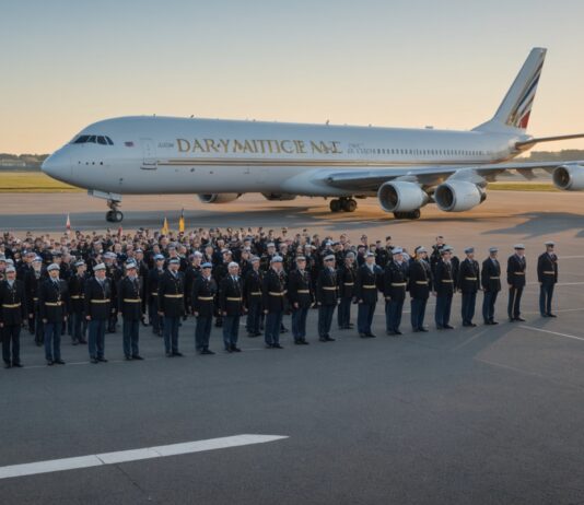 Visite du pape Léon XIV en France : ce que change le protocole présidentiel Cérémonie d'accueil officielle sur un tarmac d'aéroport en France, drapeaux français et du Vatican
