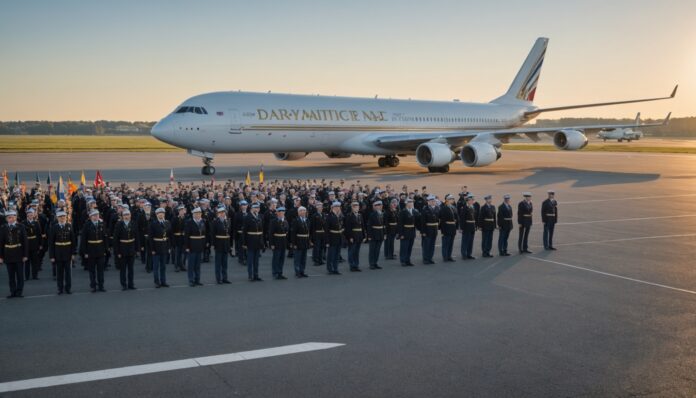 Cérémonie d'accueil officielle sur un tarmac d'aéroport en France, drapeaux français et du Vatican