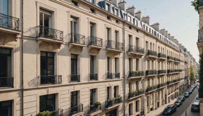 Marché immobilier 2026 en France Immeubles résidentiels parisiens avec balcons, illustration du marché immobilier