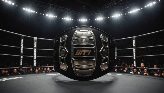 Ceinture de championnat de MMA illuminée sous les lumières d'une cage octogonale