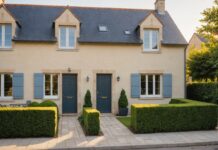 Plus-value immobilière : calcul, abattements et exonérations Maison avec jardin et panneau à vendre, illustration du guide plus-value immobilière