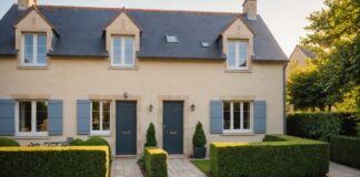 Plus-value immobilière : calcul, abattements et exonérations Maison avec jardin et panneau à vendre, illustration du guide plus-value immobilière