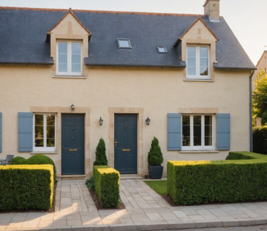 Plus-value immobilière : calcul, abattements et exonérations Maison avec jardin et panneau à vendre, illustration du guide plus-value immobilière