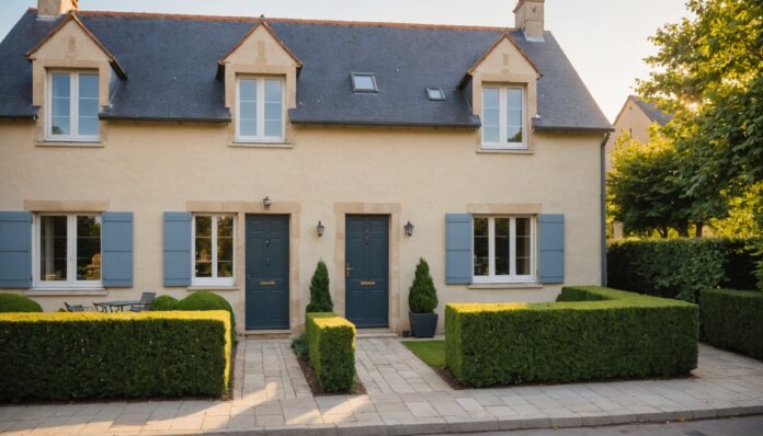 plus-value-immobiliere-guide-pratique Maison avec jardin et panneau à vendre, illustration du guide plus-value immobilière