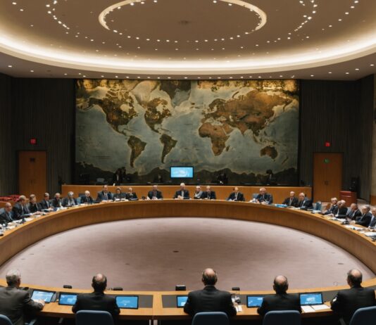 Intelligence artificielle : Sam Altman et Dario Amodei réclament des règles internationales à l’ONU Salle du Conseil de sécurité de l'ONU avec une évocation visuelle de réseaux numériques liés à l'intelligence artificielle