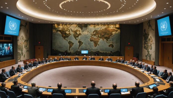 Conseil de sécurité de l'ONU et gouvernance de l'intelligence artificielle Salle du Conseil de sécurité de l'ONU avec une évocation visuelle de réseaux numériques liés à l'intelligence artificielle
