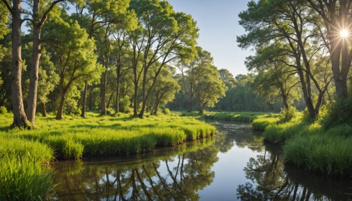 Rivière française aux berges restaurées, végétation native et zones humides