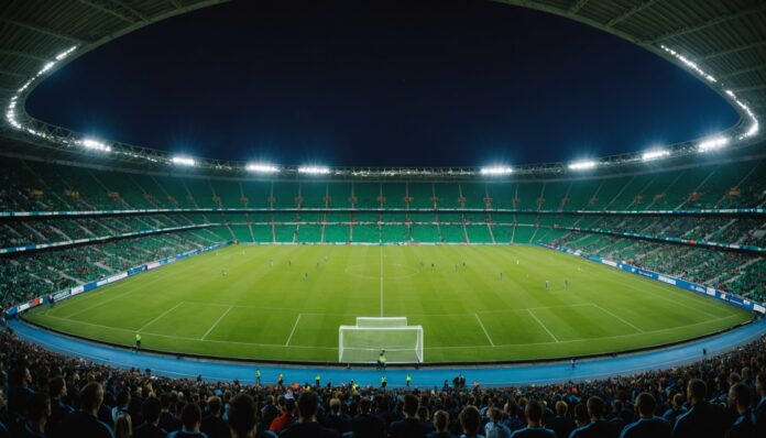 Equipe de France match nocturne stade Ligue des Nations Stade de football illuminé de nuit lors d'un match international