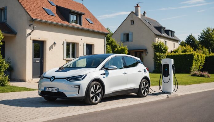 Voiture electrique en charge devant une maison en France