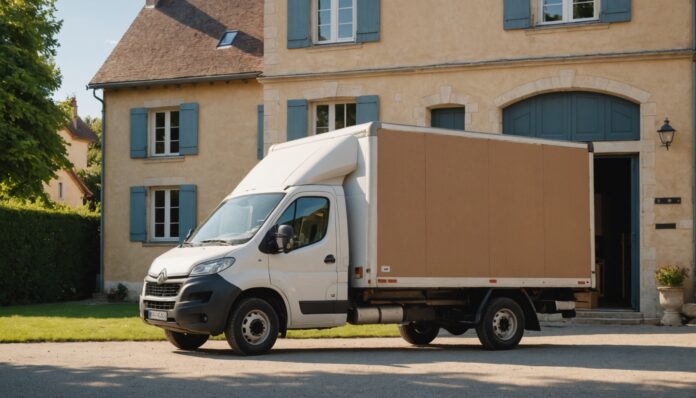 Camion de déménagement garé devant une maison, cartons transportés par les déménageurs