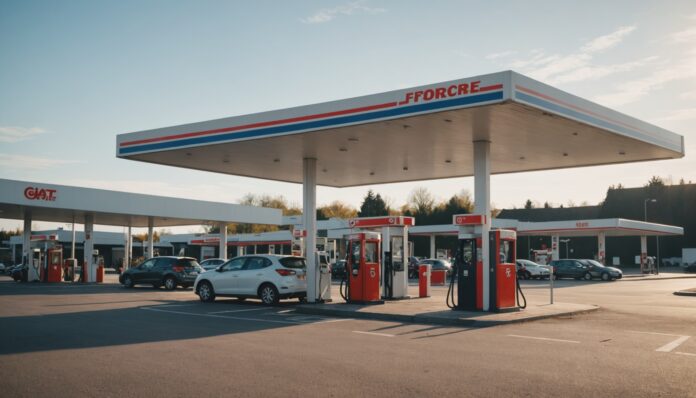 Station-service en France, pompes à carburant en journée Pompes à carburant dans une station-service française en pleine journée