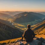 Whycation : la tendance qui change la façon de choisir ses vacances Voyageur contemplant un paysage au coucher du soleil, symbole du voyage intentionnel appelé whycation