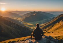Whycation : la tendance qui change la façon de choisir ses vacances Voyageur contemplant un paysage au coucher du soleil, symbole du voyage intentionnel appelé whycation