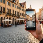 Journée mondiale du tourisme : l’intelligence artificielle s’invite dans la préparation des voyages Touriste utilisant une application mobile d'assistance au voyage sur une place ensoleillée