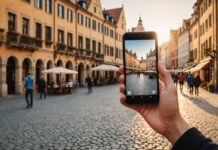 Journée mondiale du tourisme : l’intelligence artificielle s’invite dans la préparation des voyages Touriste utilisant une application mobile d'assistance au voyage sur une place ensoleillée