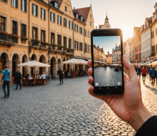 Journée mondiale du tourisme : l’intelligence artificielle s’invite dans la préparation des voyages Touriste utilisant une application mobile d'assistance au voyage sur une place ensoleillée