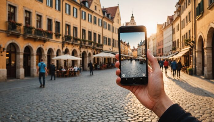Voyageur consultant une application de voyage sur smartphone au coucher du soleil Touriste utilisant une application mobile d'assistance au voyage sur une place ensoleillée