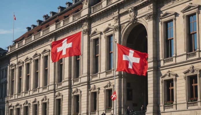 Palais fédéral suisse et drapeau, symbole de la neutralité helvétique Drapeau suisse flottant devant le Palais fédéral à Berne