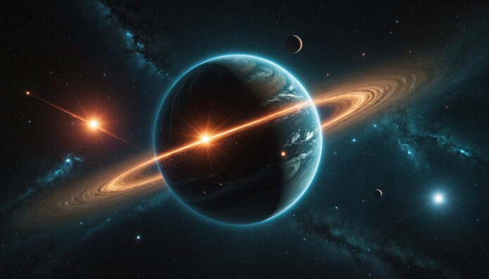 Illustration d'une exoplanète géante gazeuse avec des aurores et un champ magnétique intense dans l'espace
