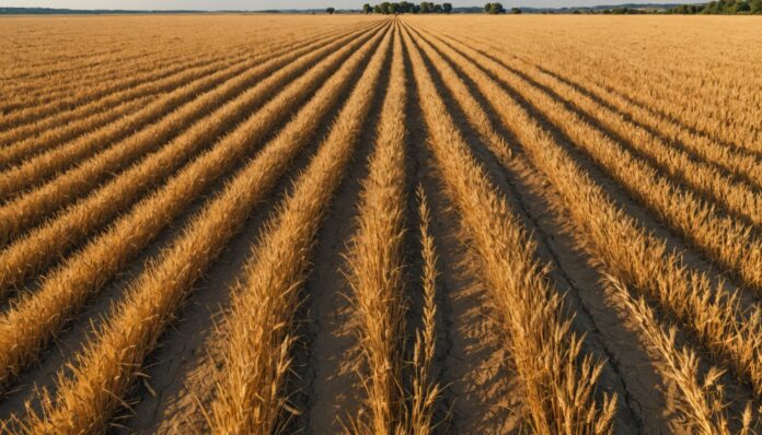Paysage de campagne française asséché sous une chaleur intense, sol craquelé et champs dorés