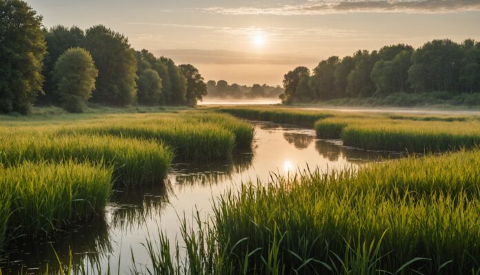 Zone humide française, paysage naturel préservé Paysage de zone humide en France illustrant la biodiversité et les habitats naturels