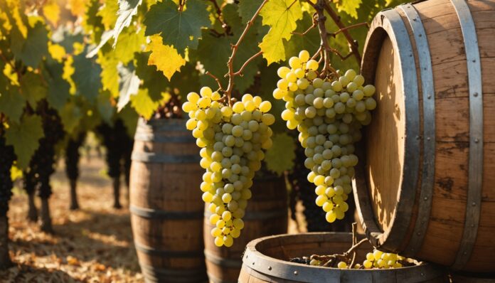 Vignoble français en période de vendanges, grappes de raisin en gros plan