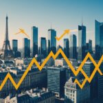 Économie française : un rebond de façade malgré une confiance toujours dégradée Illustration éditoriale des indicateurs économiques français, graphiques et silhouette urbaine