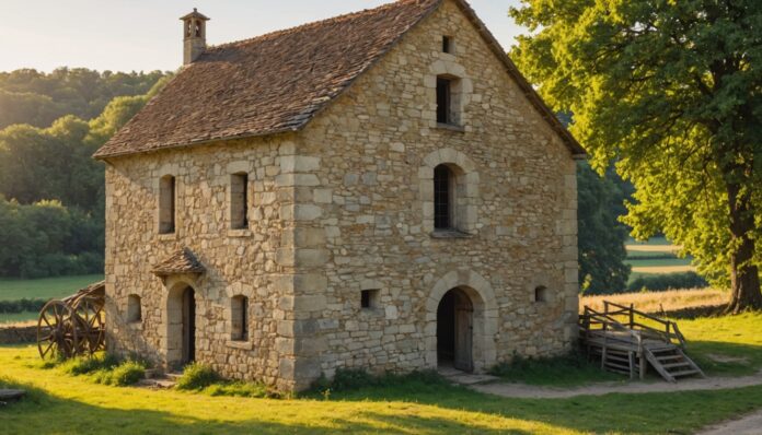 Restauration d'un site du patrimoine rural français Ancien moulin en pierre en cours de restauration dans la campagne française, patrimoine local