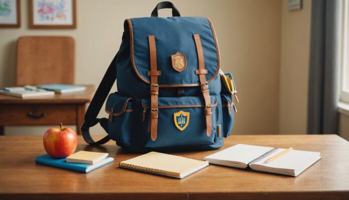 Cartable et fournitures scolaires symbolisant la protection de l'enfant à l'école
