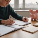 No Spend Challenge : le défi qui pousse les jeunes Français à (presque) ne plus rien dépenser Jeune adulte tenant un budget et une tirelire, sacs de shopping délaissés en arrière-plan