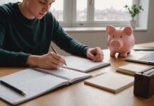 No Spend Challenge : le défi qui pousse les jeunes Français à (presque) ne plus rien dépenser Jeune adulte tenant un budget et une tirelire, sacs de shopping délaissés en arrière-plan