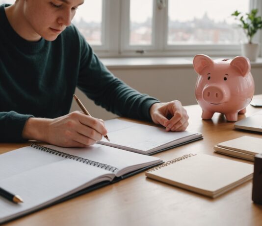 No Spend Challenge : le défi qui pousse les jeunes Français à (presque) ne plus rien dépenser Jeune adulte tenant un budget et une tirelire, sacs de shopping délaissés en arrière-plan