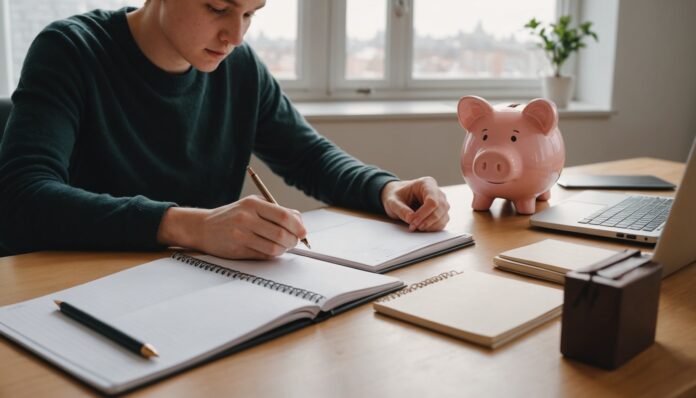 Jeune adulte tenant un budget et une tirelire, sacs de shopping délaissés en arrière-plan