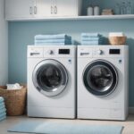 Lave-linge : bien le choisir et l’entretenir pour qu’il dure Illustration générée par IA d'un lave-linge dans une buanderie lumineuse, ne représente pas un modèle exact