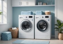 Lave-linge : bien le choisir et l’entretenir pour qu’il dure Illustration générée par IA d'un lave-linge dans une buanderie lumineuse, ne représente pas un modèle exact