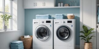Lave-linge : bien le choisir et l’entretenir pour qu’il dure Illustration générée par IA d'un lave-linge dans une buanderie lumineuse, ne représente pas un modèle exact