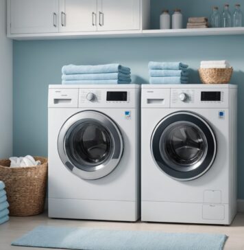 Lave-linge : bien le choisir et l’entretenir pour qu’il dure Illustration générée par IA d'un lave-linge dans une buanderie lumineuse, ne représente pas un modèle exact