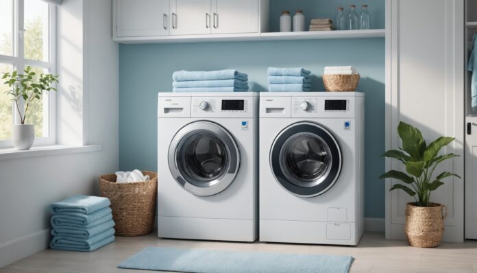 Lave-linge moderne dans une buanderie lumineuse Illustration générée par IA d'un lave-linge dans une buanderie lumineuse, ne représente pas un modèle exact