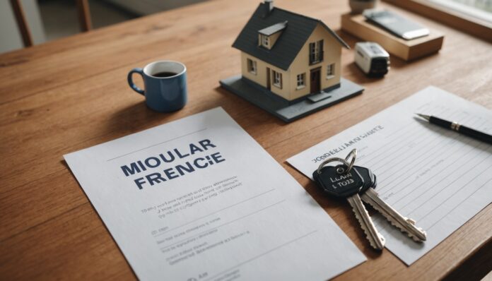 Dossier de crédit immobilier et clés sur une table en bois Maison avec panneau à vendre, clés et document de prêt immobilier